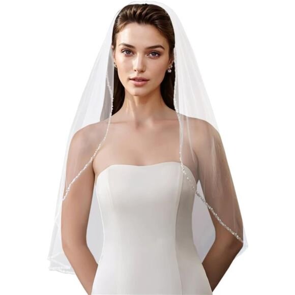 Wedding Veil Pearls and Crystals Beaded Edge 1 Tier Fingertip Length Bridal Veil main image 7